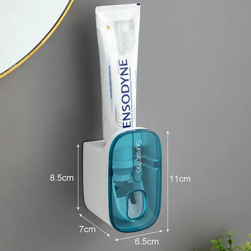 1 PCS Automatic Toothpaste Dispenser Bathroom Accessories Wall Mount Lazy Toothpaste Squeezer Toothbrush Holder - Color: Blue